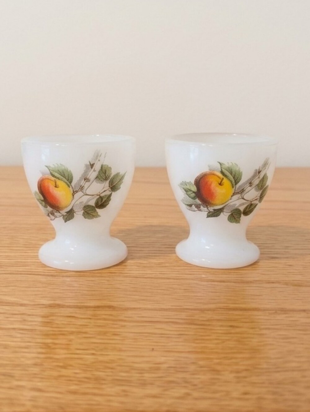 Vintage Arcopal France "Fruits de France" Milk Glass Egg Cups - Set of 2